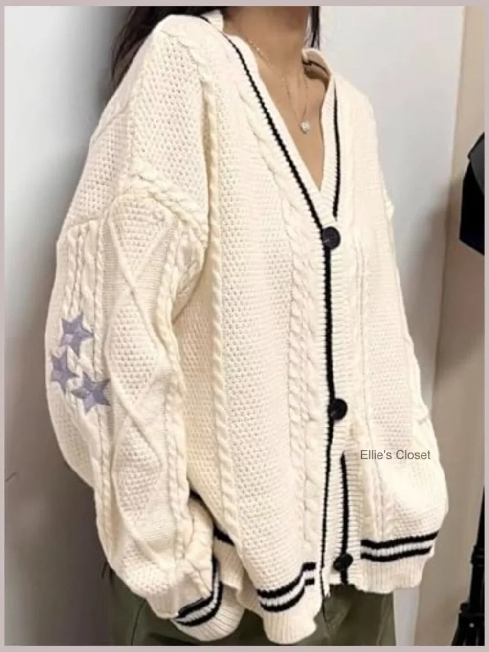 V Neck Loose Fit Knit Cardigan with Star Embroidery Button Down